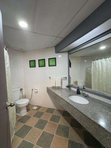 a bathroom with a sink and a toilet and a mirror at Rainbow Paradise Resort by Achlys Collection in Tanjung Bungah