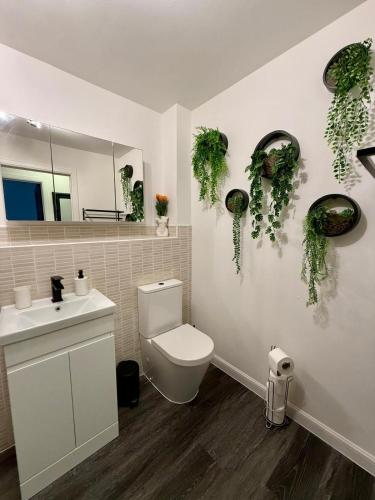 a bathroom with a toilet and a sink and a mirror at 2 Bedroom Apartment near Glasgow City Centre, Celtic Park and Emirates Arena in Glasgow