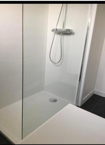 une douche avec une porte vitrée dans une salle de bain dans l'établissement villa Charlotte, à Barneville-Carteret
