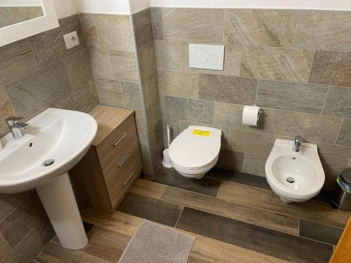 a bathroom with a sink and a toilet at Becetto- Casa completa con wifi in Rore