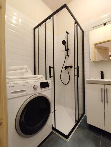 a washing machine in a bathroom with a shower at Apartamenty KDN Garden in Bielsko-Biała