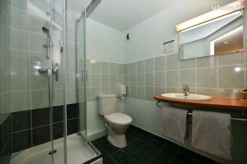 une salle de bain avec toilettes, lavabo et douche dans l'établissement bar hotel restaurant des voyageurs, à Le Falgoux