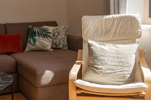 a chair with a pillow on it next to a couch at Bienenkunde Lunz in Lunz am See