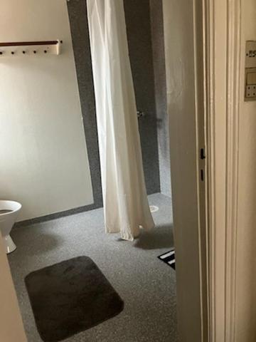 a bathroom with a shower and a toilet and a doorway at Ribe townhouse in Ribe