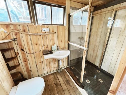 a bathroom with a toilet and a sink at Unique, design house with an eco spa & sauna in Saulkrasti