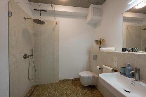 a bathroom with a shower and a toilet and a sink at Marina Maisonette Seeblick mit Pool und Sauna in Bad Saarow