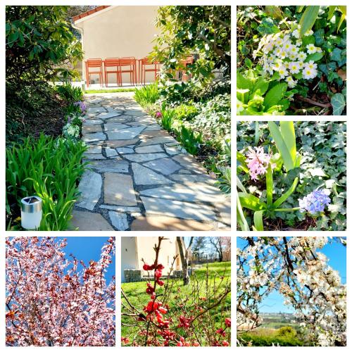 a collage of photos with flowers and a walkway at Gîte Gournier's Sweet Home in Bas-en-Basset