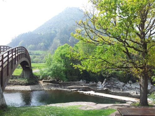 a bridge over a river with a mountain in the background at Casa Castillo II in Arenas de Iguña