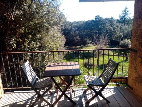 a table and two chairs on a deck with a view at Villa Mirabelle in Uzès