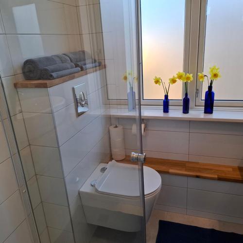 a bathroom with a toilet and a window with vases at Apple Blossom Studio - near Rønne and Beach in Rønne