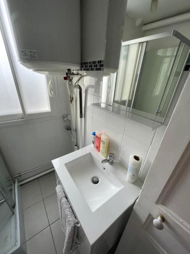 une salle de bain blanche avec un lavabo et un miroir dans l'établissement Quiet City Center!, à Gentilly