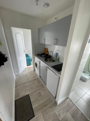 Il comprend une petite cuisine équipée d'un évier et d'un lave-vaisselle. dans l'établissement Quiet City Center!, à Gentilly