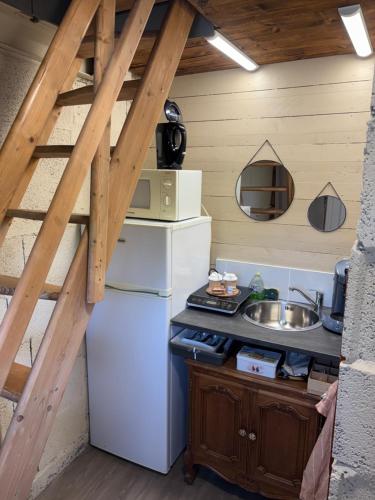 une cuisine avec un réfrigérateur blanc et un évier dans l'établissement Maison de la barbotine, à Le Fuilet