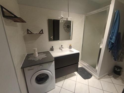 une salle de bain avec une machine à laver et un lavabo dans l'établissement Appartement traquille, à Toulon