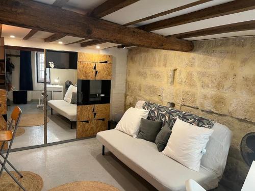 un salon avec un canapé blanc et une télévision dans l'établissement Charming Studio, Ecusson Montpellier, à Montpellier