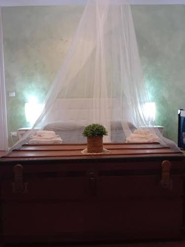 a bed with a potted plant sitting on it w obiekcie Garda City Home Family Apartments w mieście Garda