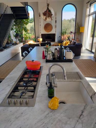 a kitchen with a sink and a stove top oven at Mas de charme au pied des Alpilles in Maussane-les-Alpilles