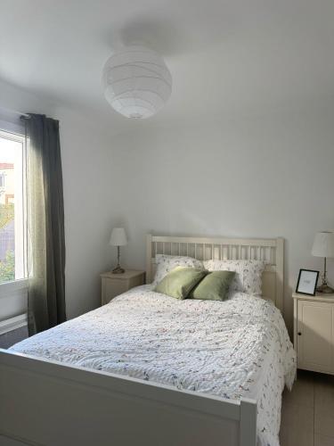 - une chambre blanche avec un lit et deux oreillers dans l'établissement Charmante villa à istres, à Istres