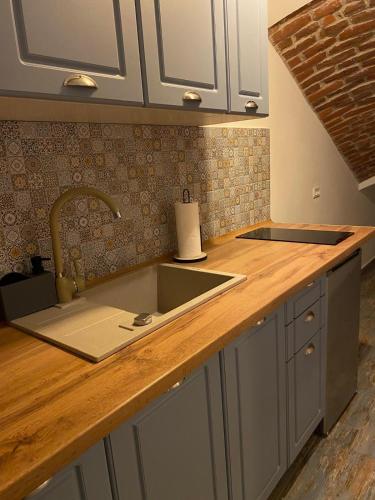 a kitchen with a sink and a counter top at Liberte Apartments in Oradea