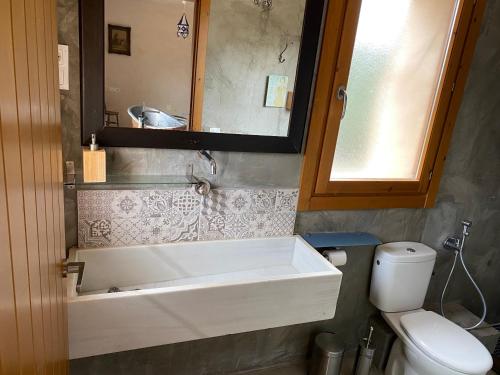 a bathroom with a white sink and a toilet at B&B Masia Katmandú in Cretas