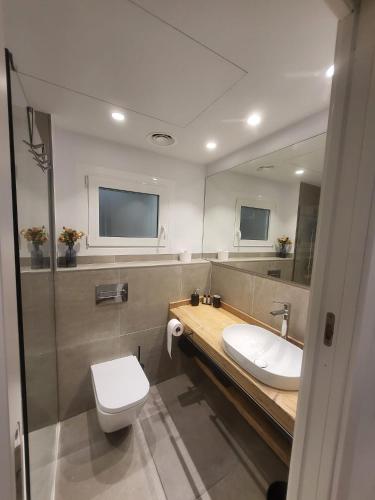 a bathroom with a sink and a toilet and a mirror at Piso céntrico de 3 habitaciones con terraza y vistas in Girona
