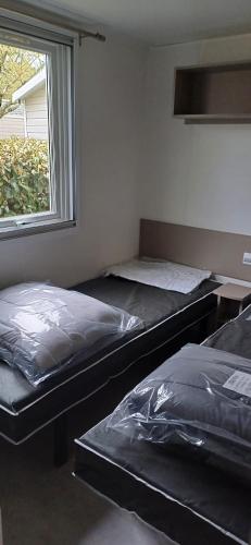 two empty beds in a room with a window at eleganzia in Gastes