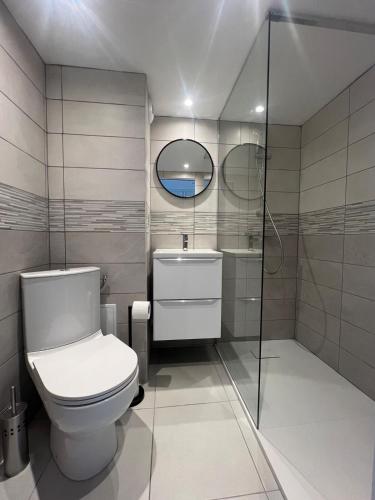une salle de bain avec toilettes, lavabo et miroir dans l'établissement Appartement en résidence, au Cap d'Agde