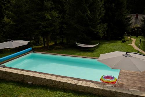 a swimming pool with two umbrellas and a hammock at Маєток Ліс і Гори in Bukovel