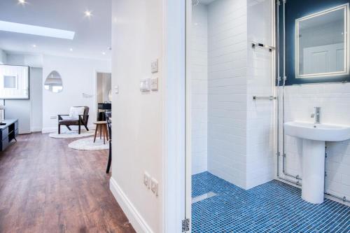 a bathroom with a sink and a shower at The Studio - 1 Bedroom Cottage - Princes Gate in Ludchurch