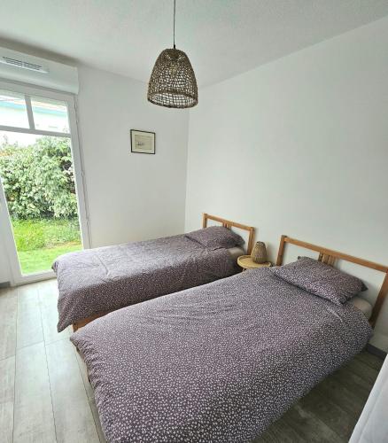 deux lits dans une chambre avec une fenêtre dans l'établissement Paisible appartement climatisé avec jardin, à La Teste-de-Buch