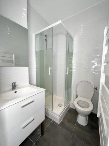 W łazience znajduje się toaleta i przeszklony prysznic. w obiekcie Suite Shamrock w mieście Lyon