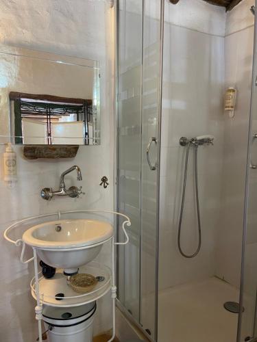 a bathroom with a sink and a shower at Casa do Olho D'Água in Portalegre