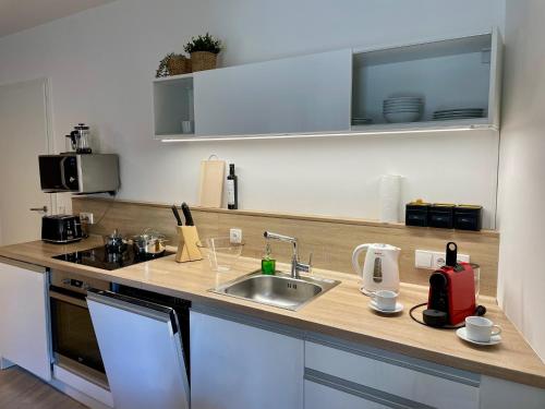 a kitchen with a sink and a counter top at Lakepark Residence in Staré Splavy