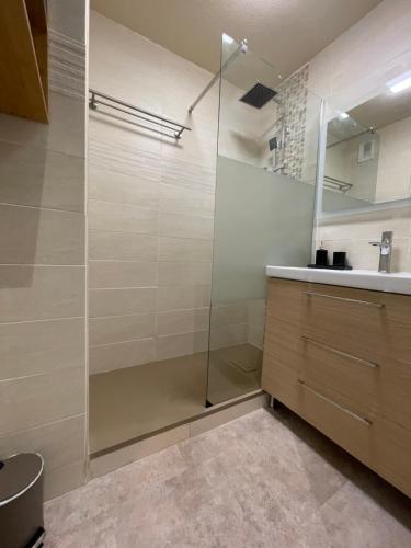 une salle de bain avec une douche en verre et un lavabo dans l'établissement Bel appartement,2 chambres, clim, vue, parking, à Lattes
