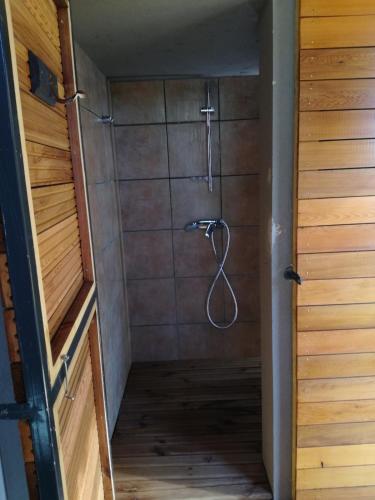 une douche avec pommeau de douche dans une salle de bain dans l'établissement Corse du Sud Villa les pieds dans l'eau !, à Zonza