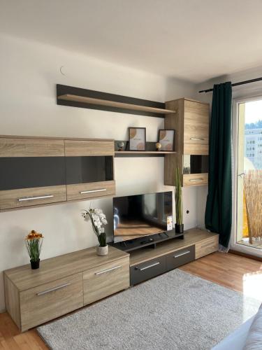 a living room with a large wooden entertainment center at Bergblick Balkon Bruck an der Mur in Bruck an der Mur