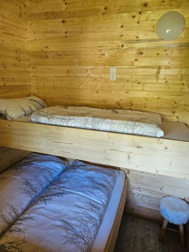 two beds in a room with a wooden wall at Weiherhüttla in Untersteinach