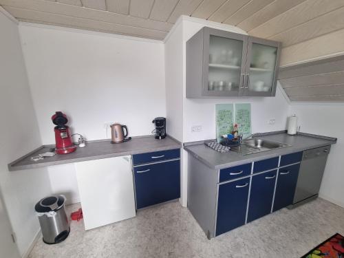 a small kitchen with blue cabinets and a sink at Ferienwohnung Familie Kleinbauer in Wirsberg