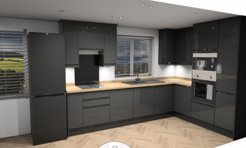 a kitchen with black cabinets and wooden floors at Lerryn Lodge - 2 bedroom in Looe
