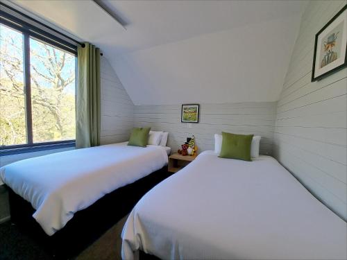 two beds in a room with a window at Cardinham Lodge 3 bedroom - max 6 occ - VP4 in Looe