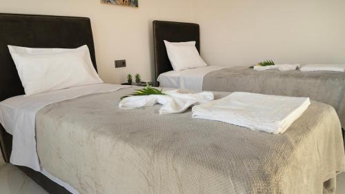 two beds with white sheets and towels on them at Villa Zachos in Pitsidia