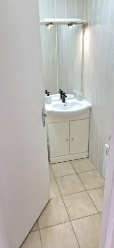 une salle de bain avec un lavabo et un miroir dans l'établissement Résidence les Mimosas, à Calvi