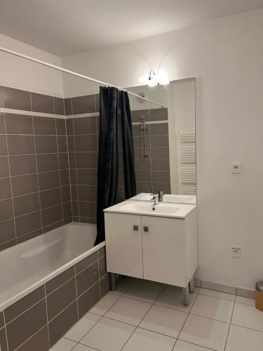 une salle de bain avec un lavabo blanc et une baignoire dans l'établissement Joli T4 récent grand balcon Lyon 8 proche du métro, à Lyon