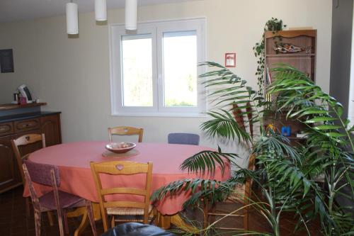 une salle à manger avec une table rose et une plante dans l'établissement Gîte le Haut de la Marche, à La Lanterne-et-les-Armonts