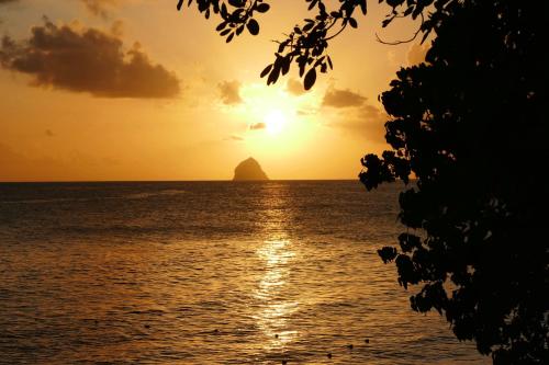 a sunset over the ocean with a rock in the distance at PIERRE & VACANCES Tobago 24 in Sainte-Luce