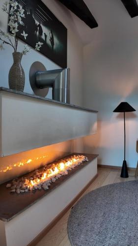 a fireplace in a living room with a tv at The More Hotel Lund in Lund