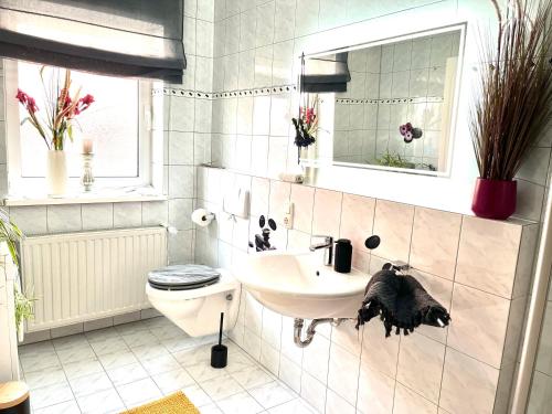 a bathroom with a toilet and a sink at Lichte Wohnung zum Wohlfühlen in Bastheim