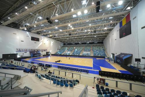 a view of a basketball court in a gym at The QUARK Modern Designed 2BR Central Apartment in Craiova