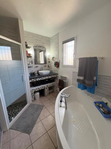 une grande salle de bain avec une baignoire et un lavabo dans l'établissement La belle Ariete Arles Piscine, à Arles