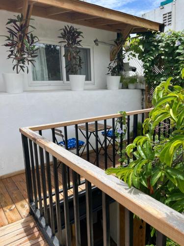 a balcony with potted plants and a wooden railing at Honky Tonk Colonial in Santo Domingo